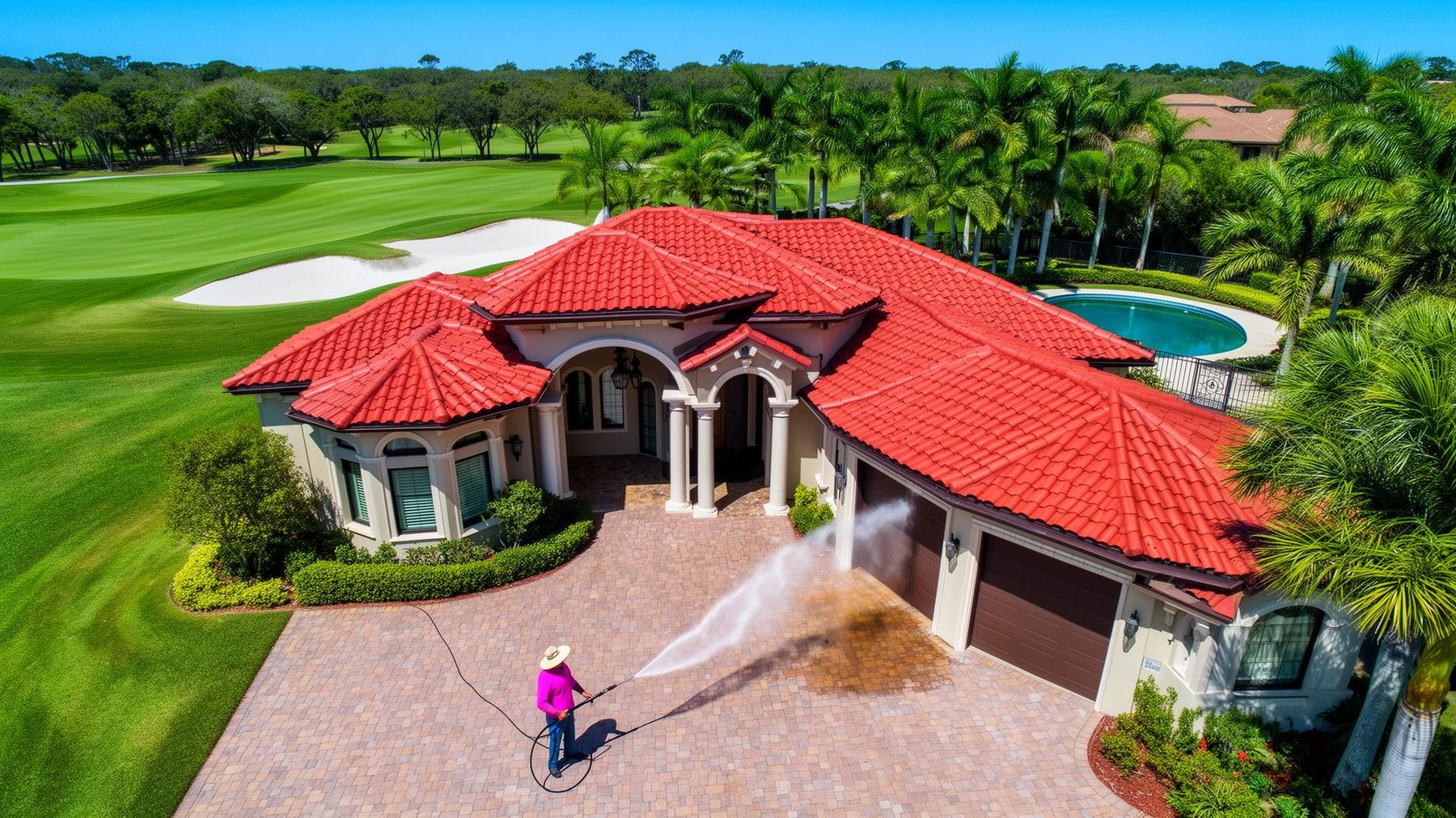 Professional pressure washing service cleaning a luxury home driveway in Lakewood Ranch, Florida
